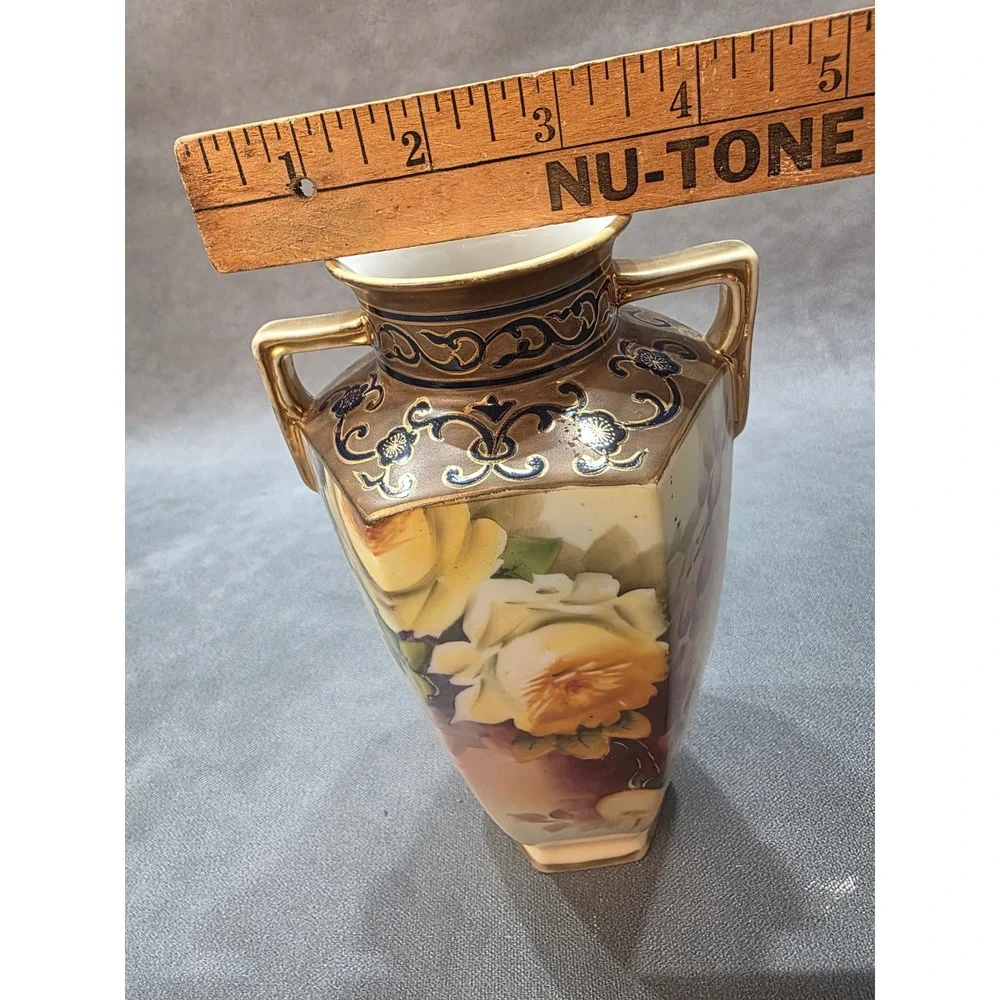 Vintage Noritake‎ Hand Painted Porcelain Vase Hexagon Moriage Gold Rose K Saito